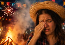 os riscos que ameaçam a saúde dos olhos Pessoa com irritação nos olhos em festa junina