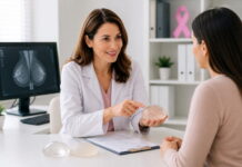 mitos e verdades sobre exames e próteses Mastologista atendendo paciente