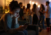 FOMO cresce com redes sociais e pode afetar a qualidade de vida Jovem sozinho olhando o celular enquanto amigos estão reunidos ao fundo