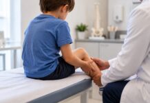 “Dor de crescimento” nas crianças exige atenção aos sinais Médico examinando a perna de uma criança em consultório
