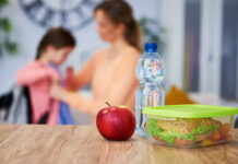 Hábitos alimentares na infância podem refletir na saúde adulta Lancheira escolar saudável com sanduíche e vegetais frescos